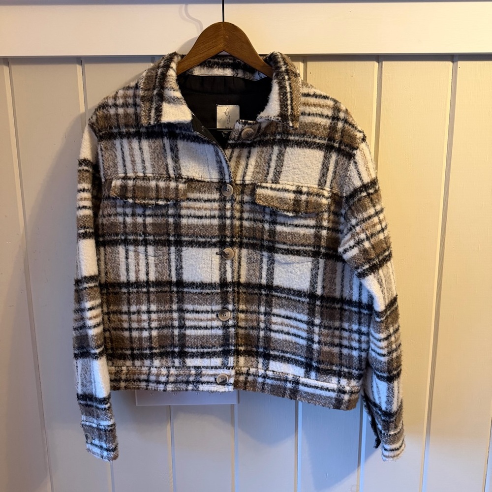 Joie Black, Brown, White Plaid Slightly Cropped Teddy Jacket, Size XL